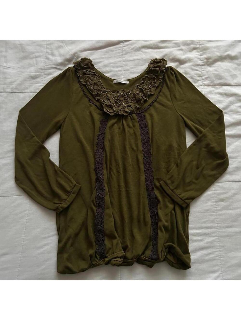 Axes Femme Olive Green Lace Ruffle Floral Collar Long Sleeve Top Medium